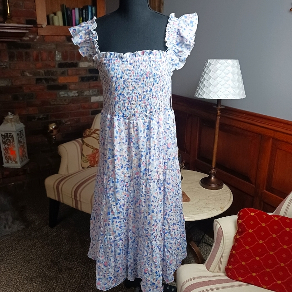 Nanette Lepore white smocked tiered lined midi, white orchid bloom print sz12